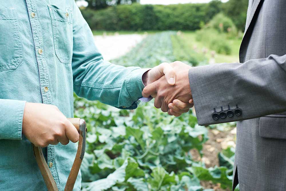 Farmer and researcher shaking hands