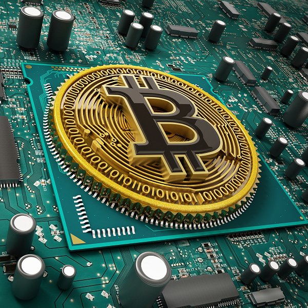 Blockchain concept with Bitcoin on the motherboard