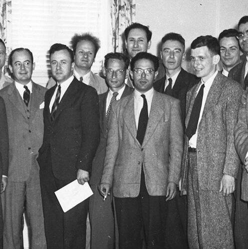 John von Neumann, John Wheeler, Hans Bethe, Robert Serber, Robert Marshak, Abraham Pais, J. Robert Oppenheimer, David Bohm, and Richard Feynman at the Shelter Island Conference of 1947