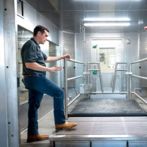 Joe McFadden shows new cattle respiration chamber