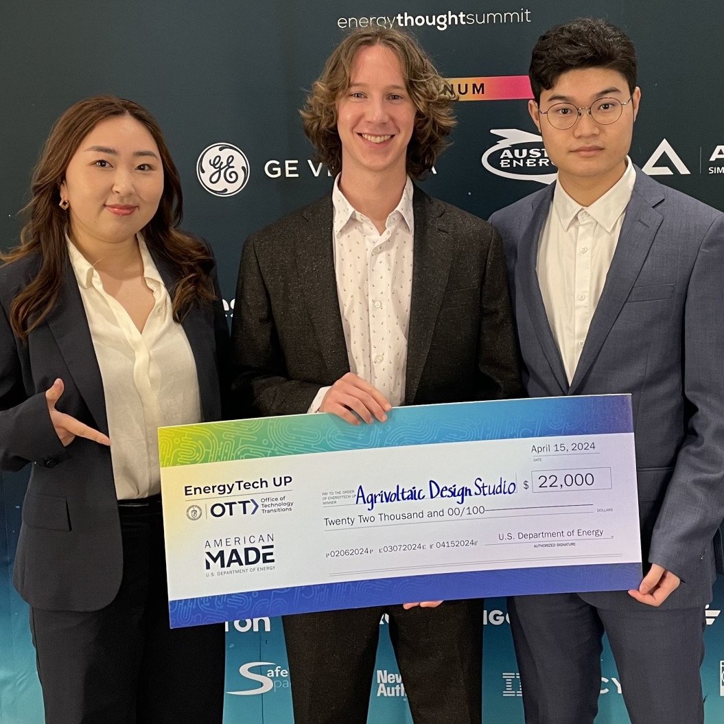 Students Eve Qian, Henry Williams, and Mike Liao won the Department of Energy’s Solar Energy Technologies Office Bonus Prize in the 2024 EnergyTech University Prize competition
