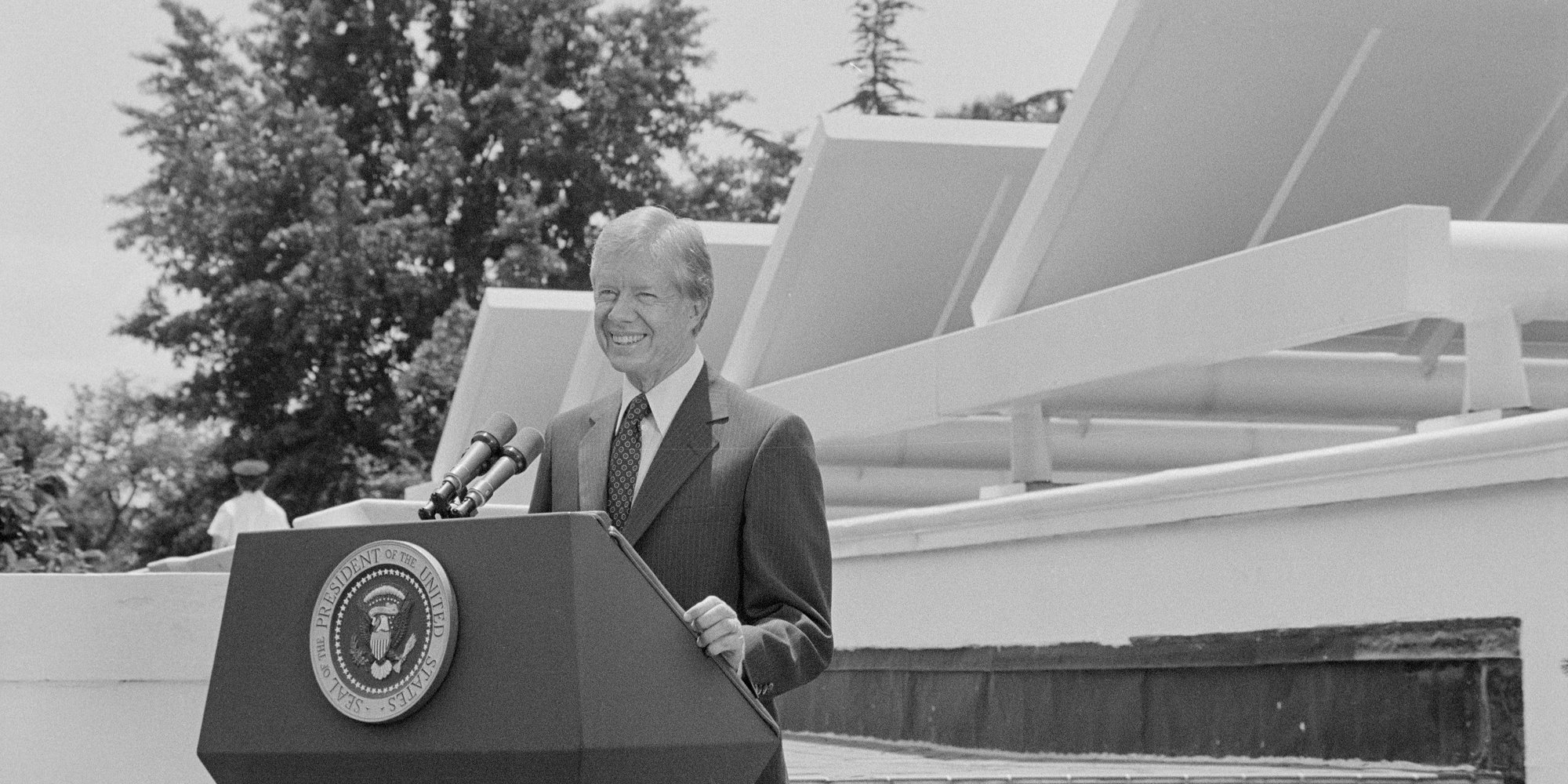 • Photo: Leffler, Warren K, photographer. President Jimmy Carter speaking in front of solar panels placed on the West Wing roof of the White House, announcing his solar energy policy / WKL. Washington D.C, June 20, 1979. https://www.loc.gov/item/2021637592/.