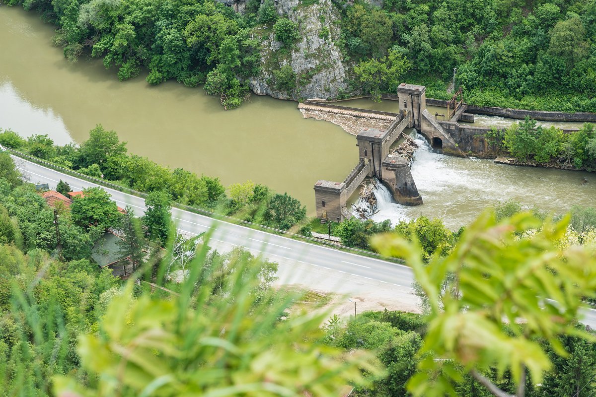 Small dam of a hydro power plant on a river in a river gorge