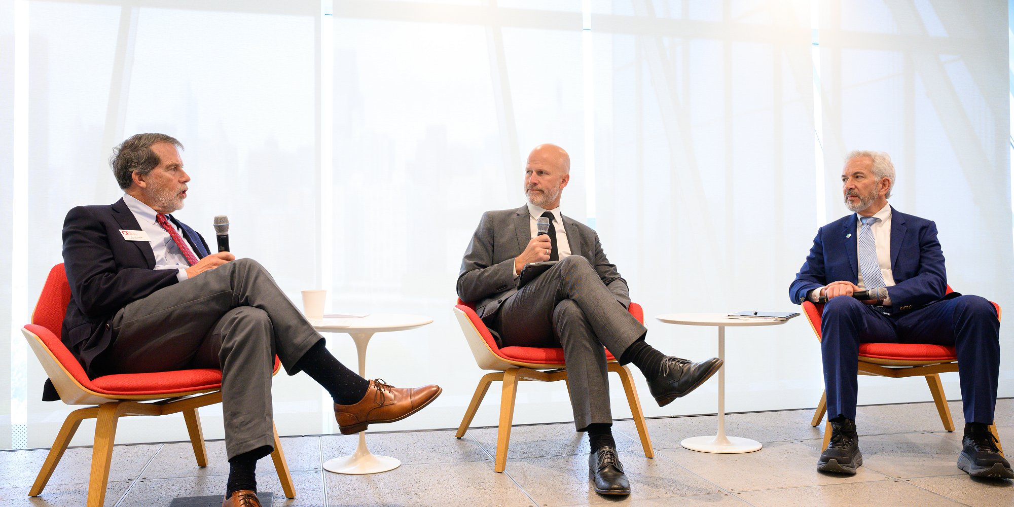 David M. Lodge (Cornell Atkinson), Jonathan Banks (CATF), and Fred Krupp (EDF) speak at the "Science to Policy to Practice: Accelerating Livestock Climate Solutions" event during 2025 Climate Week NYC on September 24, 2025