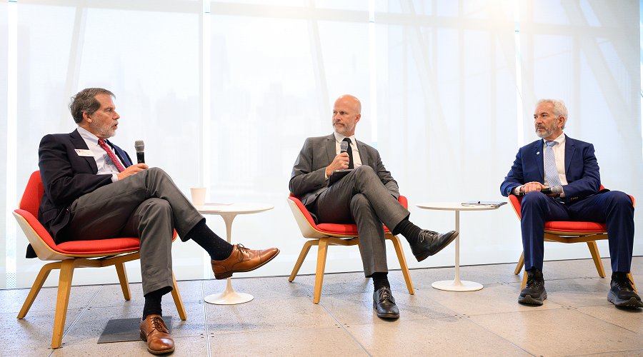 David M. Lodge (Cornell Atkinson), Jonathan Banks (CATF), and Fred Krupp (EDF) speak at the "Science to Policy to Practice: Accelerating Livestock Climate Solutions" event on September 24, 2025, during 2025 Climate Week NYC