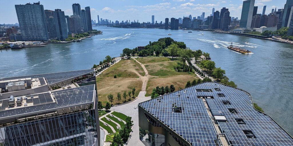 View of the solar canopy on top of Cornell Tech's Bloomberg Center, with the East River in the background (iStock)