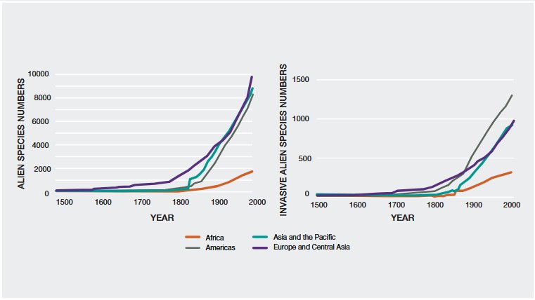 This chart depicts the estimated number of all alien species and particularly invasive alien species increased dramatically from 1500-2000, particularly in the Americas and Europe and Central Asia.