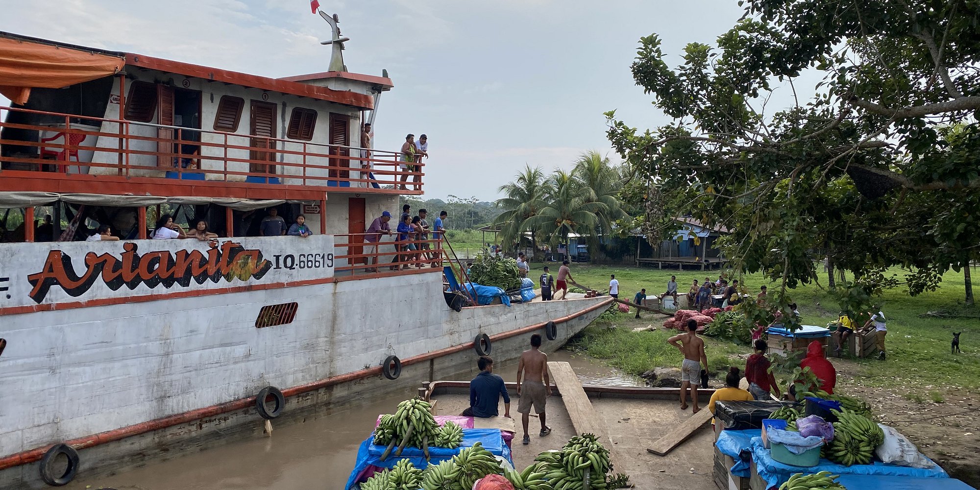 Cargo ships docked at San Juan on the Ucayali River, Peru. (Credit: Kara Fikrig)