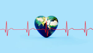 Illustration of globe in the shape of a heart with EKG results overlaying it