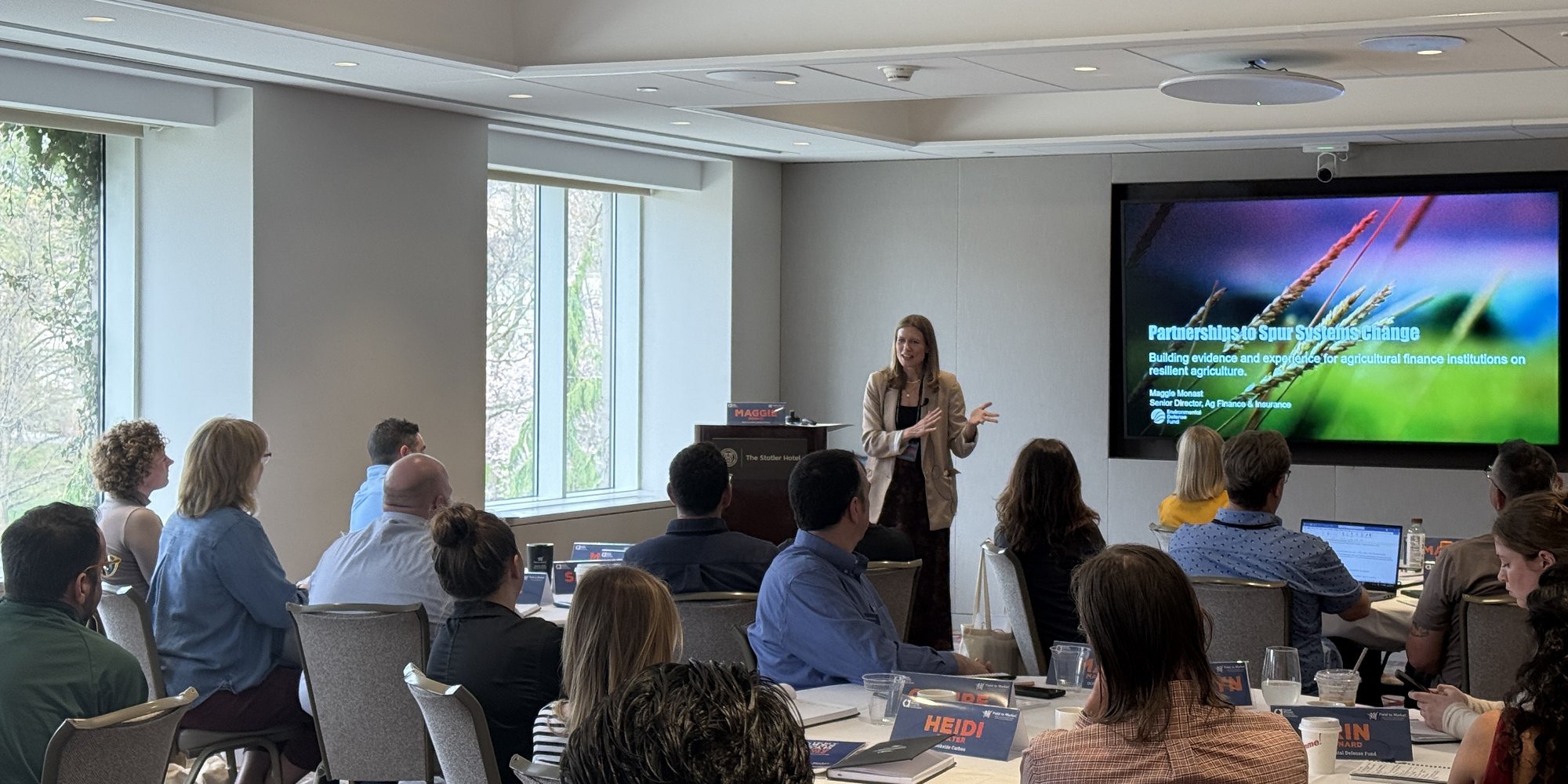 Maggie Monast () presents to 2026 Resilient Futures Cohort of Cornell Atkinson-Field to Market trainees in Atkinson Hall