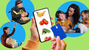 Illustration of cellphone user ordering food with highlights of consumers