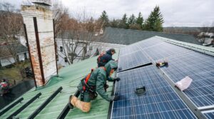 Workers install solar panels on the roof of a home
