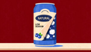 Illustration of a soda can with "Low Sodium" tagline and its label pulled back to reveal more salt crystals